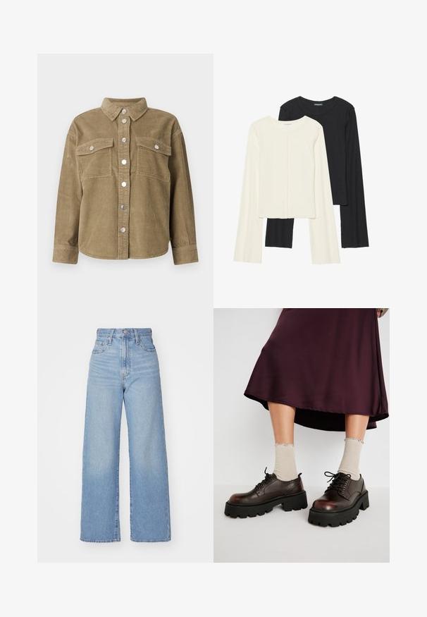 Olivgrön kordflöjeljacka med klassisk krage, framknäppning, två bröstfickor och metallknappar. Strukturerad tyg.; Set med två långärmade toppar i vitt och svart. Ribbade texturer, rund hals, figurnära design med något utställda ärmar.; Ljusblå högmidjade vida jeans med knapp- och dragkedjestängning, fram- och bakfickor, mot en vit bakgrund.; Bruna läderskor med plattform och tjocka svarta sulor, tillsammans med ribbade beigesockor med scalloped kanter, mot en dämpad bakgrund.