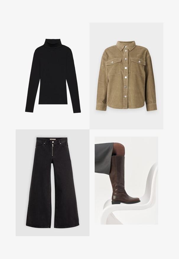 Olive green corduroy shirt jacket with a classic collar, front button closure, two chest pockets, and metallic buttons. Textured fabric.; Black turtleneck long-sleeve top, made of ribbed fabric, features a fitted design with a high neckline and no patterns or accents.; Wide-leg jeans in black denim with a zippered front, five-pocket design, and subtle stitching details. Smooth texture and casual style.; Brown leather knee-high boot with a rounded toe, smooth texture, and minimal stitching details, set against a light background on a white chair.