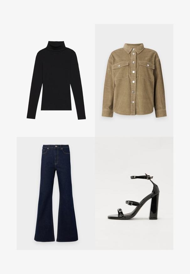 Olivgrünes Wellencordhemd aus Baumwolle mit klassischem Kragen, vorderem Knopfverschluss, zwei Brusttaschen und metallischen Knöpfen. Strukturierter Stoff.; Schwarzes langärmeliges Turtleneck-Oberteil aus geripptem Stoff, mit einer taillierten Passform, hohem Kragen und ohne Muster oder Akzente.; Dunkelblaue ausgestellte Jeans aus Denim mit hoher Taille, frontalen Taschen und goldenen Nähakzenten. Glatte Textur mit traditionellem Schnitt.; Schwarze patentierte Sandalen mit Absatz, quadratischer Spitze, Knöchelriemen und silbernen Schnallen. Mit einem stabilen Blockabsatz für mehr Stabilität.