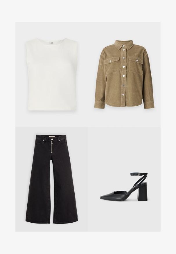 Olivovo zelená kordurová kožená bunda s klasickým golierom, predným zapínaním na gombíky, dvoma náprsníkovými vreckami a kovovými gombíkmi. Textúrovaná tkanina.; Biele skrátené bezrukávové tričko vyrobené z hladkého materiálu, s okrúhlym výstrihom a minimalistickým dizajnom, na vrchu je umiestnené logo GAP.; Dlhé nohavice vo voľnom strihu z čierneho denimu so zipsom vpredu, päť vrecúškovým dizajnom a jemnými stehovými detailmi. Hladká textúra a neformálny štýl.; Čierne kožené lodičky s špicatou špičkou a členkovým remienkom, s masívnym podpätkom. Hladký povrch, elegantný dizajn a minimalistická estetika.