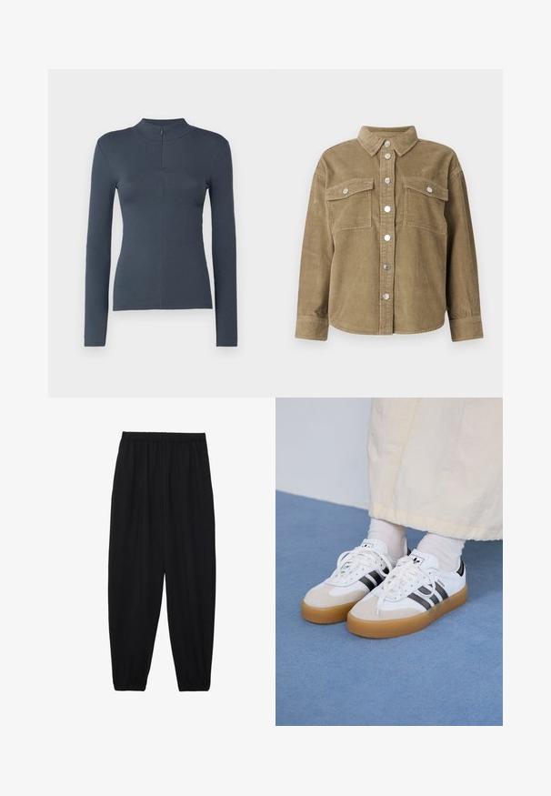 Olíva zöld kordbársony ingdzseki klasszikus gallérral, elől gombos záródással, két mellzsebbel és fémből készült gombokkal. Texturált anyag.; Sötétszürke bordázott, hosszú ujjú felső, állógallérral és rövid cipzárral az elején, testhez simuló fazonban, fehér háttéren bemutatva.; Fekete, könnyű nadrág elasztikus derékkal és ráncolt bokákkal. Az anyag sima és laza, szűkített dizájnnal rendelkezik.; Fehér sportcipő fekete csíkokkal és bézs velúr részletekkel. Texturált gumi talppal és lapos fehér fűzőkkel rendelkezik, világos színű zoknival viselve.