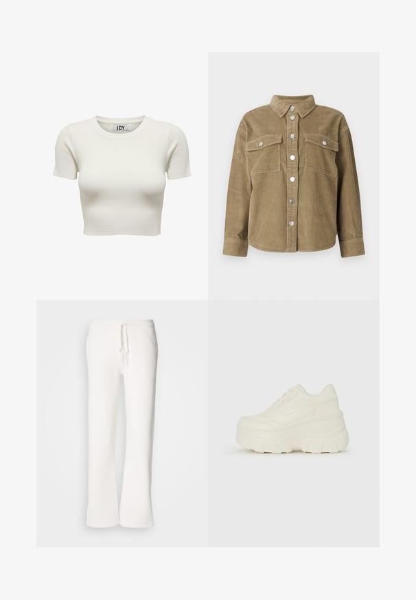 Köögivilja roheline puuvillane šertjakk klassikalise kraega, ees nupuga kinnitamine, kaks rinna taskut ja metallnupud. Tekstuuriga kangas.; Valge, ribadega puuvillane lühikeste varrukatega lühike topp ümmarguse kaelusega, millel on sobiv disain voolujoonelise silueti saavutamiseks.; Valged, mugavad spordipüksid, mis on valmistatud pehmest kangast, elastse talje ja nööridega, sirgete jalgadega disainiga.; Valged platvormi tõusukingad, millel on siledast nahast meenutav pealis, ümar kuju, pehmendatud kaelus ja tekstureeritud kummitald koos selgete hüdrofoobsete mustritega.