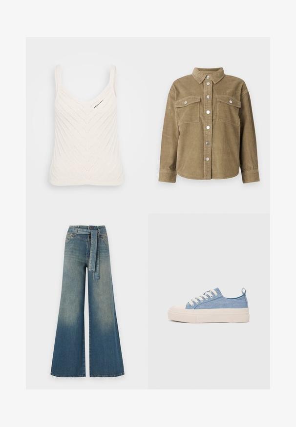 Olīvu zaļš korduroja krekla mētelis ar klasisku apkakli, priekšējo pogu aizdari, divām krūšu kabatām un metāliskām pogām. Tekstūrēts audums.; Balts adīts krūšturis ar V-veida kakla izgriezumu, kas ir ar zigzaga rakstu un plānām siksnām. Tekstūra ir viegla un gaisīga.; Platām kājām džinsu bikses ar gaismas līdz tumši zilam gradientam, augstu jostas līniju, jostas cilpām un atbilstošu auduma jostu. Tekstūrēts džinsas apdare.; Gaiši zili kanvas sneakeri ar krēmkrāsas gumijas pirksta aizsargu un ārējo zoli, aprīkoti ar baltām šņorēm un cilpu uz papēža.