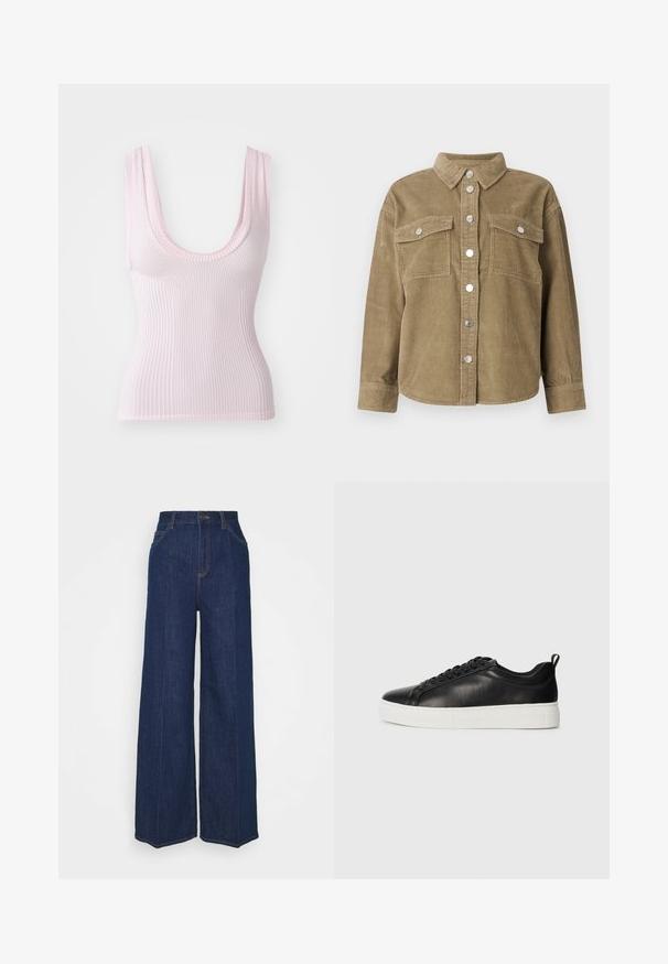 Olive green corduroy shirt jacket with a classic collar, front button closure, two chest pockets, and metallic buttons. Textured fabric.; Ribbed tank top in light pink, featuring a scoop neckline and thick straps. The fabric has a smooth, soft texture.; High-waist wide-leg dark blue denim jeans with front and back pockets, button closure, and visible stitching details.; Black low-top leather sneaker with black laces and white thick rubber sole, viewed from the outer side on a white background.