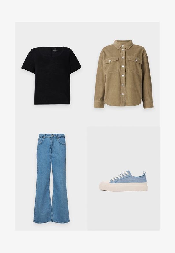 Olíva zöld kordbársony ingdzseki klasszikus gallérral, elől gombos záródással, két mellzsebbel és fémből készült gombokkal. Texturált anyag.; Fekete, rövid ujjú póló kerek nyakú kialakítással. Könnyű anyagból készült, enyhén textúrázott felülettel. Lazán illeszkedő fazon.; Világoskék, trapézszárú farmernadrág, magas derékkal, öt zsebbel és egy gombos záródással. Puha tapintású, magasított effektusú anyag.; Világoskék vászon sportcipők, krémszínű gumitippel és talppal, fehér fűzőkkel és egy húzófüllel a sarkán.