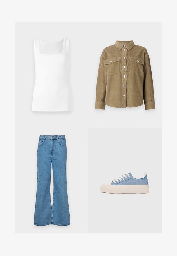 Olíva zöld kordbársony ingdzseki klasszikus gallérral, elől gombos záródással, két mellzsebbel és fémből készült gombokkal. Texturált anyag.; Fehér ujjatlan trikó, négyzet alakú dekoltázzsal, sima, rugalmas anyagból készült, testhez simuló szabással, látható minták vagy díszítések nélkül.; Világoskék, trapézszárú farmernadrág, magas derékkal, öt zsebbel és egy gombos záródással. Puha tapintású, magasított effektusú anyag.; Világoskék vászon sportcipők, krémszínű gumitippel és talppal, fehér fűzőkkel és egy húzófüllel a sarkán.