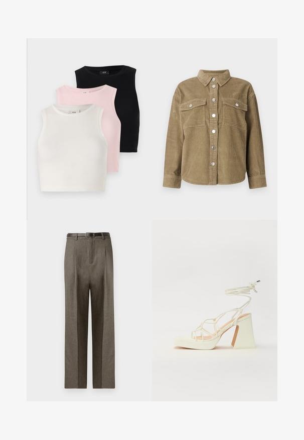 Alavijo žalios spalvos velveto marškinėlių striukė su klasikinėmis apykaklėmis, priekyje užsegama mygtukais, dviem krūtinės kišenėmis ir metaliniais mygtukais. Taksuota medžiaga.; Trijų be rankovių trumpų viršelių su ribotu tekstūra: balta, šviesiai rožinė ir juoda. Kiekvienas turi apvalų iškirpimą ir prigludusį dizainą.; Rudos pritaikytos kelnes su tiesiu kirpimu, pasižyminčios lygiu paviršiumi, dirželių kilpomis ir plokščiu priekiniu dizainu.; Balti aukštakulniai sandalai su masyviu kulnu, su dirželių dizainu ir kulkšnies raiščiu. Lygi tekstūra su platforma priekyje, suteikianti papildomą aukštį.