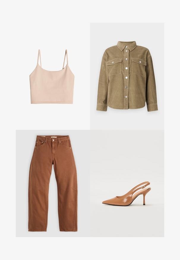 Zielona oliwkowa kurtka koszulowa z kordurojowego materiału, z klasycznym kołnierzem, zapięciem na guziki z przodu, dwoma kieszeniami na piersi i metalowymi guzikami. Teksturowany materiał.; Top w kolorze nude, krótki, na cienkich ramiączkach, wykonany z miękkiego materiału, o gładkiej teksturze i prostym, prostym kroju.; Rude brązowe dżinsy o prostym kroju z kieszeniami z przodu i z tyłu, metalowymi nitami, zapięciem na guzik i pętlami na pasek, leżące płasko na białym tle.; Sandały na obcasie z kwadratowym noskiem, wykonane z gładkiego, błyszczącego materiału w kolorze brązowym. Charakteryzują się zaokrąglonym wycięciem i smukłym obcasem typu stiletto. Detal w postaci srebrnej klamry.