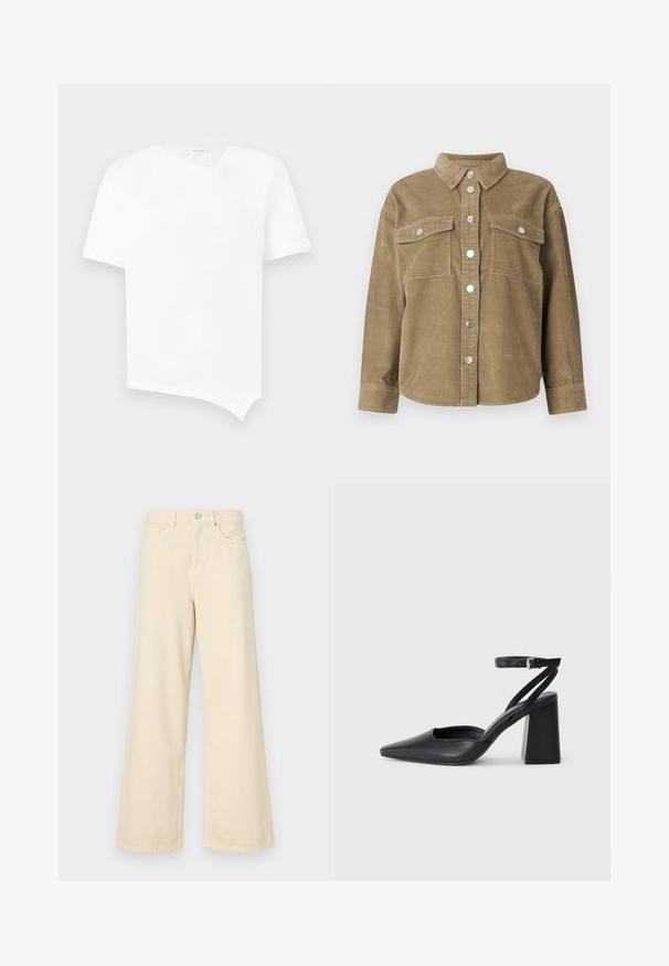 Olíva zöld kordbársony ingdzseki klasszikus gallérral, elől gombos záródással, két mellzsebbel és fémből készült gombokkal. Texturált anyag.; Fehér, rövid ujjú pamut póló. Aszimmetrikus alsó szegéllyel és enyhe V-kivágással rendelkezik, varrás nélküli kialakítással. Sima textúra.; Bézs, széles lábú farmernadrág, pamutból készült. Gombos záródással, övhurkokkal és elülső zsebekkel rendelkezik, sima, puha tapintással.; Fekete bőr, hegyes orrú magassarkú cipő boka pánttal és vastag sarokkal. Sima textúra, elegáns dizájn és minimális esztétika.