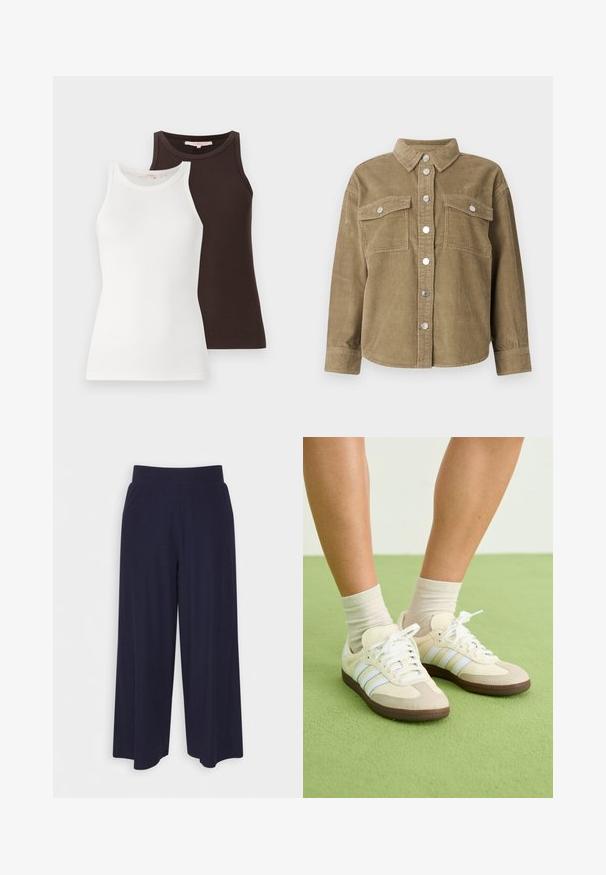 Olivenfarvet kordfløjl skjortejakke med klassisk krave, frontlukning med knapper, to brystlommer og metalliske knapper. Strukturéret stof.; To ribbede tanktops, en hvid og en mørkebrun, med ærmeløse designs og runde halsudskæringer, stablet side om side.; Bredde bukser i mørkeblå stof med en ribbet tekstur. Har en glat talje og en let silhuet, der når til midten af læggen.; Samba sneakers i en farveskema med creme og beige, med tre lyseblå striber, hvide snørebånd og brune gummisåler.