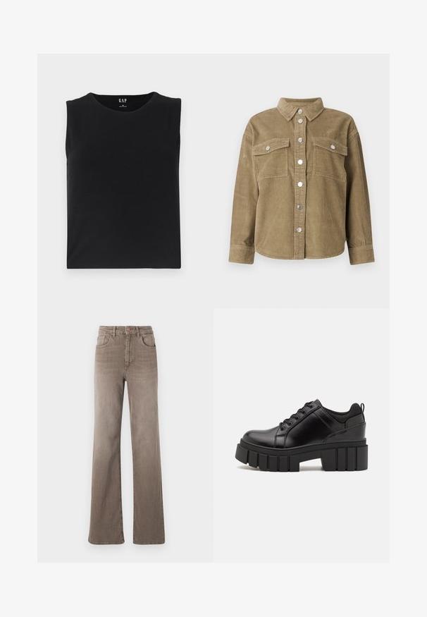 Olive green corduroy shirt jacket with a classic collar, front button closure, two chest pockets, and metallic buttons. Textured fabric.; Black sleeveless top made of soft fabric, featuring a round neckline and straight hem. Minimalistic design without accents or embellishments.; Brown high-waist straight-leg jeans with front button, belt loops, and classic five-pocket design on a white background.; Black leather platform shoes with a chunky block heel, round toe, and traditional lace-up design. Features smooth texture and minimal detailing.