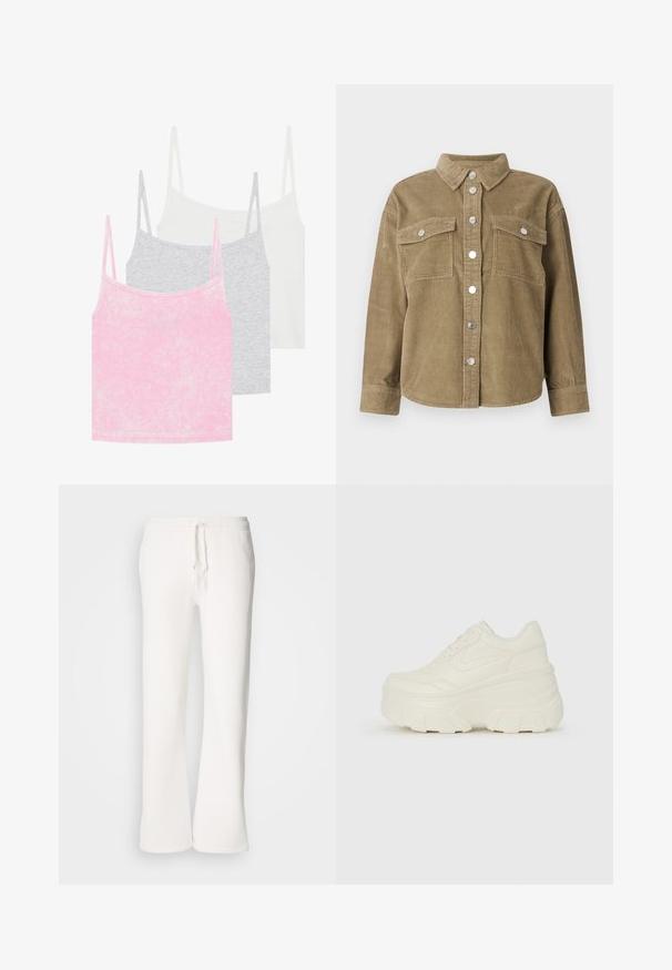 Olíva zöld kordbársony ingdzseki klasszikus gallérral, elől gombos záródással, két mellzsebbel és fémből készült gombokkal. Texturált anyag.; Három darabból álló atlétatrikó szett rózsaszín, szürke és fehér színben. Ráncolt anyagból készült, vékony pántokkal. Minden top kerek nyakkivágással rendelkezik.; Fehér, laza szabású melegítőnadrág, puha anyagból készült, rugalmas derékkal és zsinórral, egyenes szárú kialakítással.; Fehér platform sportcipők, sima bőrszerű felsőrésszel, kerek formával, párnázott bokával és texturált gumitalppal, jól definiált mintázattal.