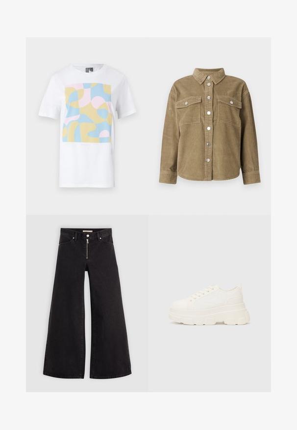 Olive green corduroy shirt jacket with a classic collar, front button closure, two chest pockets, and metallic buttons. Textured fabric.; White short-sleeve t-shirt featuring a geometric pattern in pastel blue, pink, and yellow. Round neckline and soft cotton material.; Wide-leg jeans in black denim with a zippered front, five-pocket design, and subtle stitching details. Smooth texture and casual style.; White canvas sneaker with a chunky sole, rounded toe, and five eyelets for laces. Back tab for easy wear. Smooth texture, minimalist design.