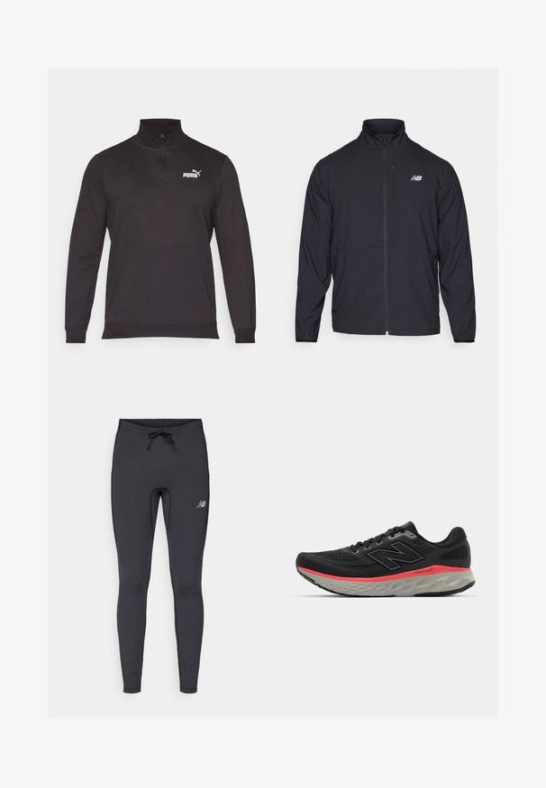 Mustmustaga mustal tõmbluku ja kõrge kaelusega, kerge kangaga ja pikkade varrukatega. Vasakul rinnal on väike peegeldav logo.; Musternäidisega musta pullover-sweatshirt, millel on pooltõmbe kaelus, pikad varrukad ja valge Puma logo vasakul rinnal.; Mustad mustredsportlikud legginsid, mis on valmistatud venivast kangast. Rihmaga vöökoht ja väike reflekteeriv logo paremal reie ees.; Mustvalge jooksujalats, millel on võrkkangast pealisosa, millele on lisatud roosa vaheosa riba ja hall pohjaplaat. Omab tekstureeritud detaile ja paindlikku talla disaini.