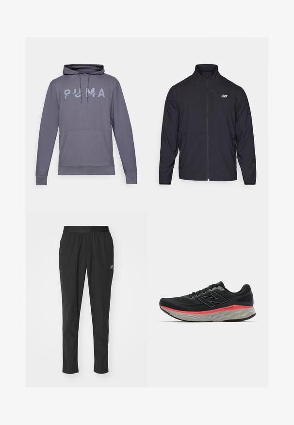 Čierna bunda na zips s vysokým golierom, z ľahkého materiálu a dlhými rukávmi. Obsahuje malé reflexné logo na ľavej hrudi.; Sivá mikina s klokankovým vreckom, šnúrkami a reflexným logom "PUMA" na prednej strane. Hladký materiál, dlhé rukávy a rebrované manžety.; Čierne športové nohavice vyrobené z ľahkého materiálu, s elastickým pásom, zúženým strihom a diskrétnym logom na boku.; Čierne bežecké topánky s vrchom zo sieťoviny, doplnené ružovým pruhom na strednej podrážke a šedou podrážkou. Obsahujú štruktúrované detaily a flexibilný dizajn podrážky.