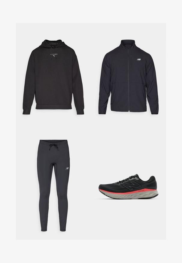 Black zip-up jacket with a high collar, lightweight fabric, and long sleeves. Features a small, reflective logo on the left chest.; Black hooded sweatshirt made of soft fabric, featuring a front kangaroo pocket and white logo text on the chest. The cuffs are ribbed.; Black athletic leggings made from stretch fabric. Features a drawstring waistband and a small reflective logo on the front right thigh.; Black running shoe with mesh upper, accented by a pink midsole stripe and grey outsole. Features textured details and a flexible sole design.