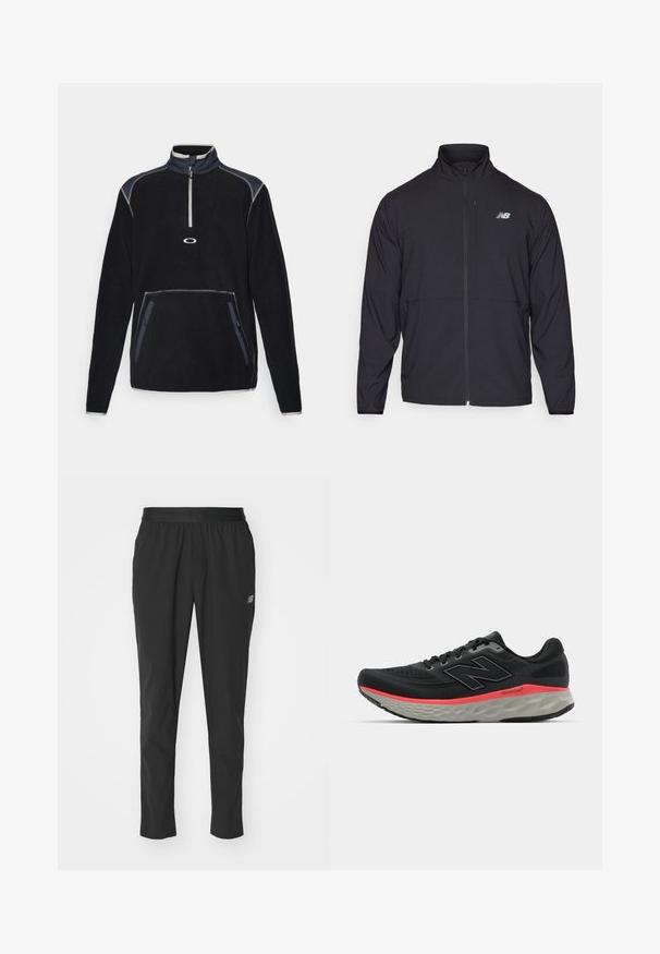Jachetă neagră cu fermoar, cu guler înalt, dintr-un material ușor și cu mâneci lungi. Dispune de un mic logo reflectorizant pe pieptul stâng.; Pulover din fleece de culoare neagră, cu guler înalt, fermoar jumătate în față, două buzunare laterale și cusături contrastante în accente gri și bleumarin.; Pantaloni sportivi negri, confecționați dintr-un material ușor, cu un brâu elastic, design conic și detalii subtile cu logo pe latură.; Adidași negri de alergare cu partea superioară din plasă, accentuați de o bandă roz la mijlocul tălpii și o talpă exterioară gri. Prezintă detalii texturate și un design de talpă flexibil.