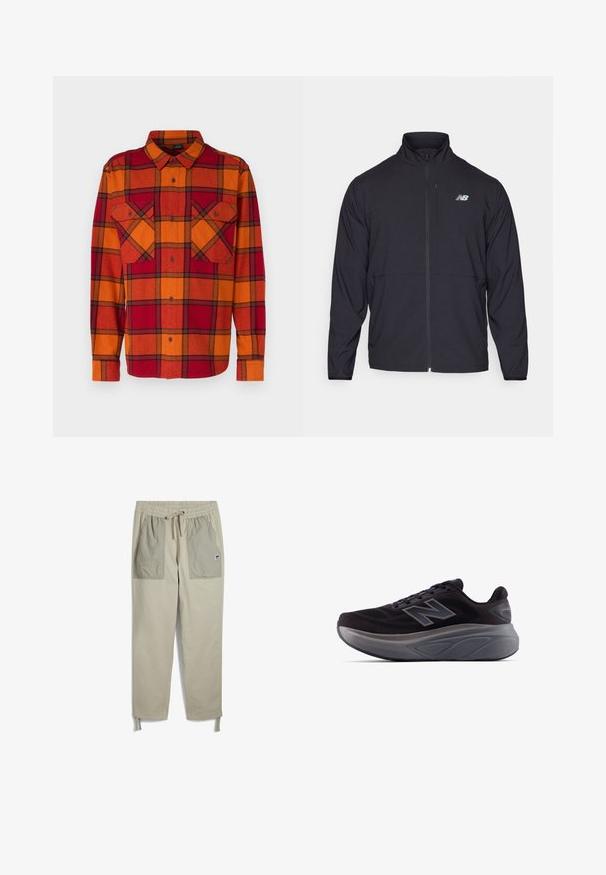 Giacca nera con zip e colletto alto, in tessuto leggero e maniche lunghe. Presenta un piccolo logo riflettente sul lato sinistro del petto.; Oakley Camicia - ginger/grenache; Pantaloni beige con vita elastica, coulisse, due grandi tasche anteriori in una tonalità più chiara e cinturini regolabili alle caviglie.; Scarpa sportiva nera con tomaia texture, tallone rinforzato e una suola grigia spessa. Caratterizzata da un logo "N" prominente.