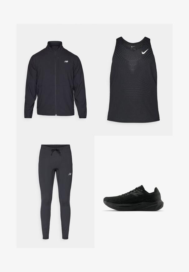 Juoda zip-up striukė su aukštu apykakle, lengvos medžiagos ir ilgomis rankovėmis. Yra mažas, atspindintis logotipas kairėje krūtinės pusėje.; Juodas sportinis maikutė su perforuota tekstūra ir apvalia apykakle. Ant krūtinės yra balta Nike logotipas.; Juodi sportiniai leggingai, pagaminti iš elastingos medžiagos. Su raištelių juosmeniu ir mažuoju atspindinčiu logotipu dešinėje šlaunies pusėje.; Juodas sportinis batelis su tekstūruotu paviršiumi, pasižymintis stilingu dizainu, su raišteliais užsegantis ir storesne padanga, kuri užtikrina geresnį sukibimą.