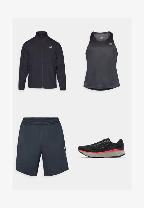 Svart zip-up jacka med hög krage, lättviktsmaterial och långa ärmar. Har en liten, reflexiv logotyp på vänster bröst.; Svart atletisk linne tillverkat av fuktavvisande tyg, med rund halsringning och subtil rippad textur, samt en vit logga på bröstet.; Herrers sportshorts i mörk marinblå, med resårmidja, sidofållar och vit logotext på vänster ben. Lätt, slät tyg.; Svart löparsko med överdel av nät, accentuerad av en rosa mellansolelinje och grå yttersula. Har texturerade detaljer och en flexibel sula.