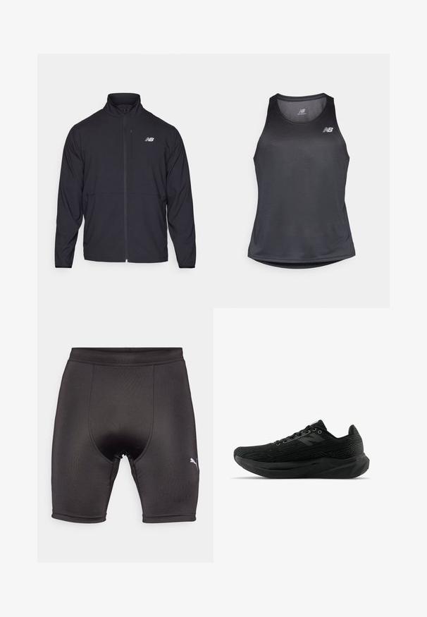 Jachetă neagră cu fermoar, cu guler înalt, dintr-un material ușor și cu mâneci lungi. Dispune de un mic logo reflectorizant pe pieptul stâng.; Maiou sport negru din material care absoarbe umezeala, cu guler rotund și o textură discretă în dungi, având un logo alb pe piept.; Pantaloni scurți atletici negri, dintr-un material neted și elastic. Au un design mulat, cusături întărite și un mic logo alb în partea stângă jos.; Pantoful sportiv negru, cu un material texturat, având un design elegant, sistem de închidere cu șireturi și o talpă mai groasă, cu un profil texturat pentru o aderență îmbunătățită.