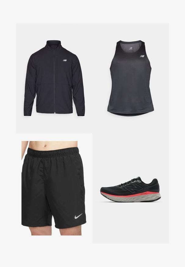 Črna jopica na zadrgo z visokim ovratnikom, lahkotna tkanina in dolgi rokavi. Ima majhen, odsevni logo na levem prsnem delu.; Črna atletska majica brez rokavov iz tkanine, ki odvaja vlago, z okroglim ovratnikom in subtilno rebrasto teksturo, z belim logotipom na prsih.; Črne športne kratke hlače, narejene iz lahkega materiala, z elastičnim pasom in majhnim sivo Nike logotipom na spodnjem desnem robu.; Črne tekaške čevlje z mrežastim zgornjim delom, okrašene s roza srednjim delom podplata in sivo podplatom. Imajo teksturirane podrobnosti in prilagodljivo zasnovo podplata.