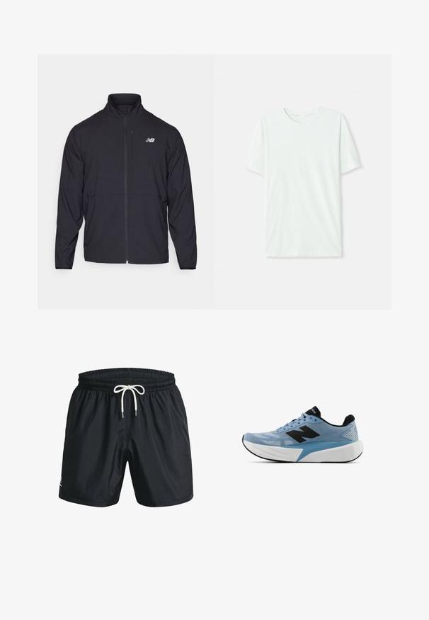 Musta vetoketjullinen takki, jossa on korkea kaulus, kevyt kangas ja pitkät hihat. Sisältää pienen, heijastavan logon vasemmassa rinnassa.; Vihreä mintun värinen lyhythihainen t-paita, joka on valmistettu pehmeästä kankaasta. Siinä on pyöreä kaula-aukko ja yksinkertainen, suora leikkaus ilman koristeita.; Mustat uimapuvut, jotka on valmistettu kevyestä kankaasta. Niissä on joustava vyötärö, jossa on valkoinen nyöri, ja sivutaskut. Sileä pinta, yksinkertainen muotoilu.; Vaaleansininen juoksukenkä mustalla logolla, paksulla valkoisella pohjalla ja mustalla sisävuorella, nähtynä sivusta valkoista taustaa vasten.