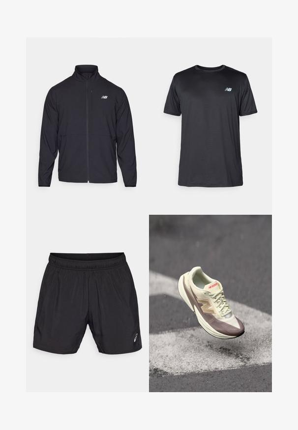 Zwarte zip-up jack met een hoge kraag, lichtgewicht stof en lange mouwen. Heeft een klein, reflecterend logo op de linker borst.; New Balance Sport T-shirt - black; Zwarte sportshorts gemaakt van lichtgewicht materiaal, met een elastische tailleband en een klein logo aan de onderkant van de linkerkant.; Lichte atletische schoen met een crème kleurige bovenkant en bruine accenten, voorzien van een getextureerd oppervlak, veters en een prominente logo aan de zijkant.