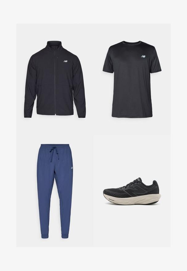 Črna jopica na zadrgo z visokim ovratnikom, lahkotna tkanina in dolgi rokavi. Ima majhen, odsevni logo na levem prsnem delu.; New Balance Športne majice - black; Temno modri športni hlače z elastičnim pasom, vrvico in zoženimi manšetami. Ima stranske žepe in majhen logotip na eni nogi.; Črne športne čevlje z zgornjim delom iz teksturirane mreže, oblazinjeno belim srednjim podplatom in črnim gumijastim podplatom z vidnimi utori.