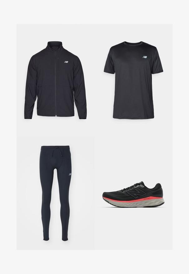 Juoda zip-up striukė su aukštu apykakle, lengvos medžiagos ir ilgomis rankovėmis. Yra mažas, atspindintis logotipas kairėje krūtinės pusėje.; New Balance Sportiniai marškinėliai trumpomis rankovėmis - black; New Balance SLEEK REFLECIVE TIGHT - Tamprės - black; Juoda bėgimo batelis su tinklelio viršumi, akcentuotas rožiniu vidiniu padų juosta ir pilku padu. Yra tekstūruoti detalės ir lankstus pado dizainas.