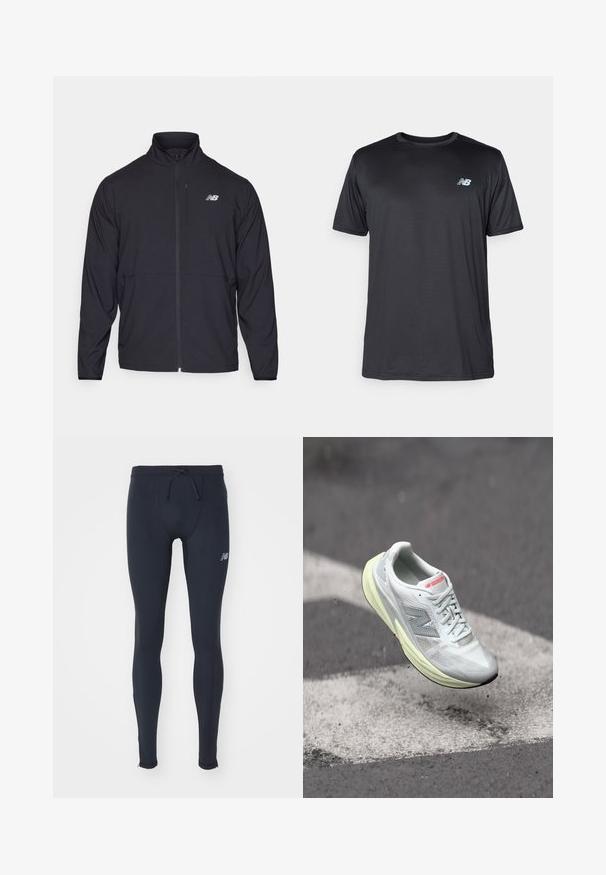 Fekete cipzáras dzseki magas gallérral, könnyű anyagból és hosszú ujjakkal. Kicsi, fényvisszaverő logo található a bal mellen.; New Balance Sportfelső - black; New Balance SLEEK REFLECIVE TIGHT - Leggingek - black; Könnyű futócipő fehér hálós felsőrésszel, sárga középtalppal és szürke akcentusokkal. Jellemzője a feltűnő "N" logó és a texturált felület.