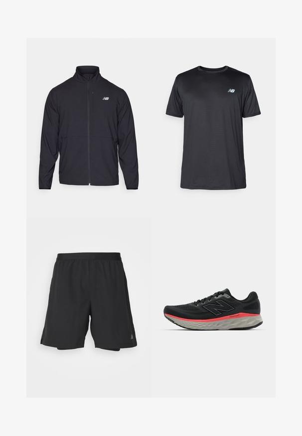 Crna jakna na zip s visokim ovratnikom, lagani materijal i dugi rukavi. Sadrži mali reflektirajući logo na lijevoj strani prsnog područja.; New Balance Sportska majica - black; Crne atletske kratke hlače izrađene od laganog materijala s elastičnom gumom u struku, s bočnim prorezima i malim logotipom na donjem rubu.; Crne trkačke tenisice s mrežastim gornjim dijelom, naglašene ružičastom prugom na srednjem dijelu i sivim potplatom. Sadrže teksturirane detalje i fleksibilan dizajn potplata.