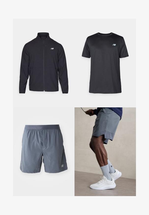Black zip-up jacket with a high collar, lightweight fabric, and long sleeves. Features a small, reflective logo on the left chest.; New Balance Sports T-shirt - black; Men's athletic shorts in dark gray, made of lightweight material. Features an elastic waistband and a small logo on the lower leg.; White athletic shoes with textured mesh upper, paired with light blue ribbed socks featuring a logo. Grey athletic shorts with perforated trim.
