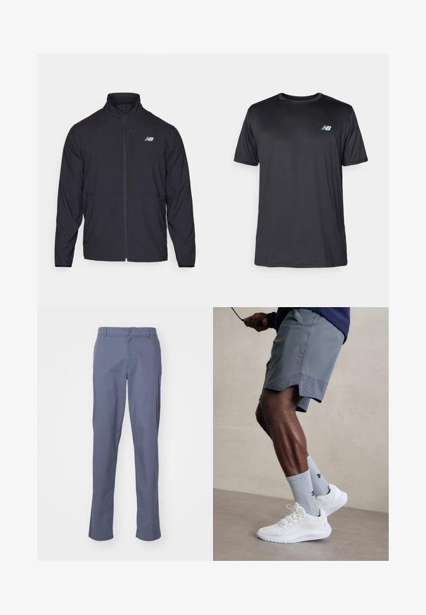 Mustmustaga mustal tõmbluku ja kõrge kaelusega, kerge kangaga ja pikkade varrukatega. Vasakul rinnal on väike peegeldav logo.; New Balance Spordi T-särk - black; Sinised, sirged jalaotsad kerge materjali ja siledaga, millel on ees taskud ja nööbitav vöökoht.; Valged spordijalatsid tekstuurse võrguga pealispinnaga, millele on lisatud helesinised ribakujulised sokid logoga. Hallid spordilühikesed püksid, millel on perforeeritud ääred.