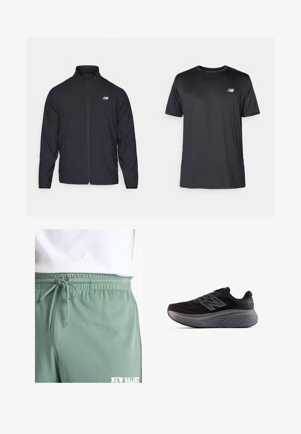Black zip-up jacket with a high collar, lightweight fabric, and long sleeves. Features a small, reflective logo on the left chest.; New Balance Sports T-shirt - black; Light green mesh shorts with an elastic waistband and drawstring. Features small perforations for breathability and white logo detail.; Black athletic shoe with a textured upper, reinforced heel, and a thick gray sole. Features a prominent "N" logo.
