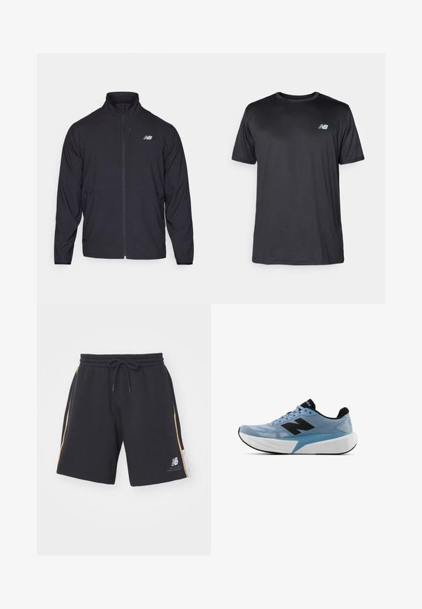 Juoda zip-up striukė su aukštu apykakle, lengvos medžiagos ir ilgomis rankovėmis. Yra mažas, atspindintis logotipas kairėje krūtinės pusėje.; New Balance Sportiniai marškinėliai trumpomis rankovėmis - black; New Balance Treningo apatinė dalis - black; Šviesiai mėlynos spalvos bėgimo bateliai su juodu logo, storesne balta padanga ir juodu vidiniu pamušalu, matomi iš šono ant balto fono.
