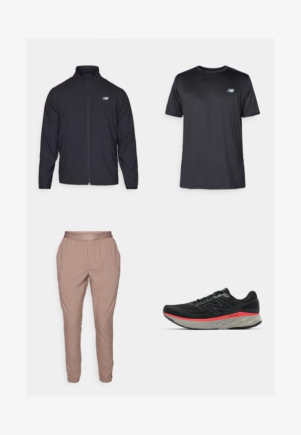 Giacca nera con zip e colletto alto, in tessuto leggero e maniche lunghe. Presenta un piccolo logo riflettente sul lato sinistro del petto.; New Balance T-Shirt sport - black; Pantaloni jogger rosa chiaro con fascia elastica in vita e alle caviglie, realizzati in un tessuto morbido e leggero. Presentano tasche laterali e un marchio discreto.; Scarpa da corsa nera con tomaia in mesh, accentuata da una striscia rosa nella suola intermedia e una suola grigia. Presenta dettagli testurizzati e un design della suola flessibile.