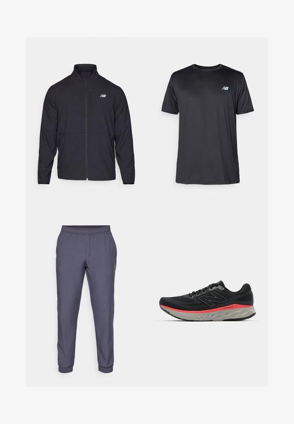Svart zip-up jacka med hög krage, lättviktsmaterial och långa ärmar. Har en liten, reflexiv logotyp på vänster bröst.; New Balance T-shirt till träning - black; Grå träningsbyxor med elastisk midja, smalnande ben och manschetter vid fållen. Slät textur och minimal logotyp på sidan.; Svart löparsko med överdel av nät, accentuerad av en rosa mellansolelinje och grå yttersula. Har texturerade detaljer och en flexibel sula.