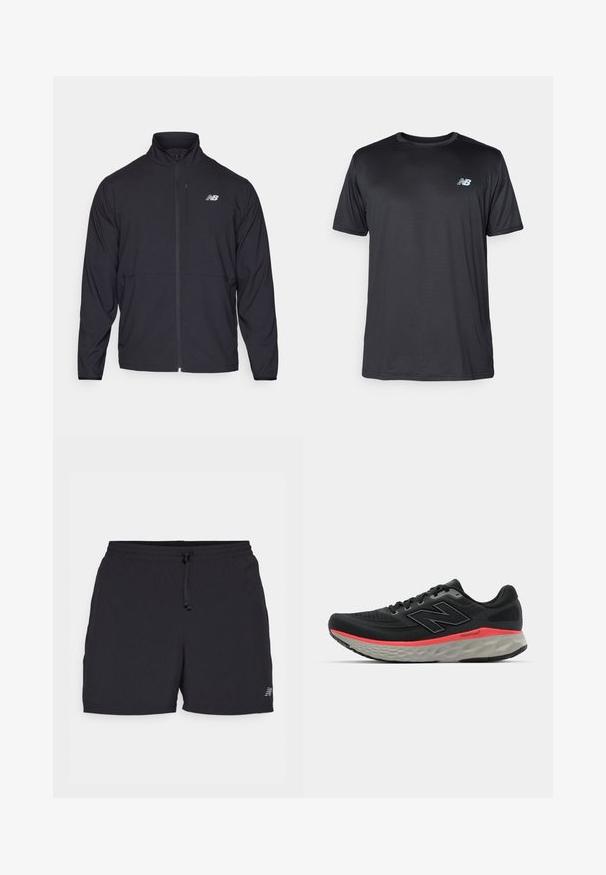 Fekete cipzáras dzseki magas gallérral, könnyű anyagból és hosszú ujjakkal. Kicsi, fényvisszaverő logo található a bal mellen.; New Balance Sportfelső - black; Fekete sportnadrág könnyű anyagból. Jellemzője a rugalmas derékpánt húzózsinórral, oldalsó zsebekkel és egy kicsi logó díszítéssel.; Fekete futócipő, hálós felsőrésszel, rózsaszín középtalppal és szürke talppal. Texturált részletekkel és rugalmas talp kialakítással rendelkezik.