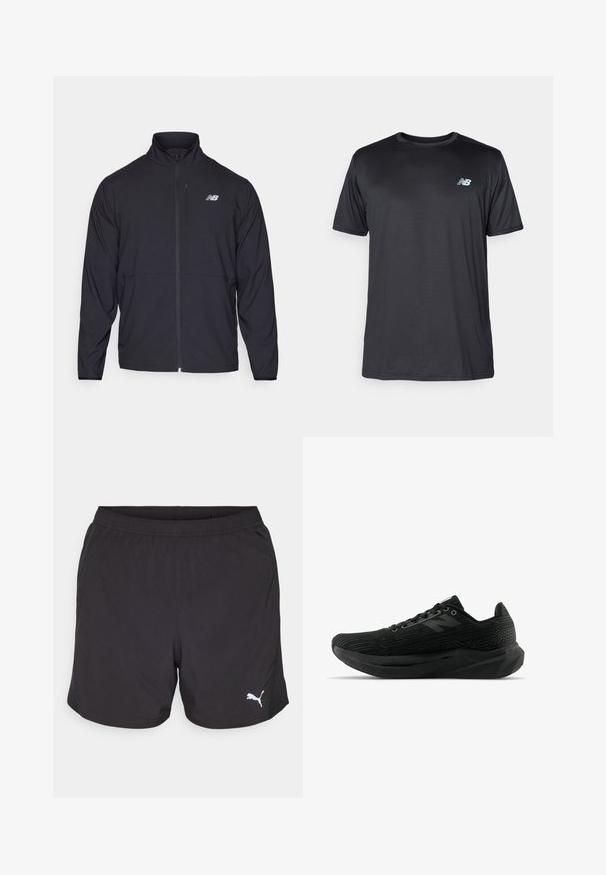 Fekete cipzáras dzseki magas gallérral, könnyű anyagból és hosszú ujjakkal. Kicsi, fényvisszaverő logo található a bal mellen.; New Balance Sportfelső - black; Fekete sportnadrág, könnyű anyagból, rugalmas derékkal, bal oldalon egy kis fehér Puma logóval.; Fekete sportcipő textúrált felső résszel, karcsú dizájnnal, fűzős zárással és vastagabb, bordázott talppal, amely fokozza a tapadást.