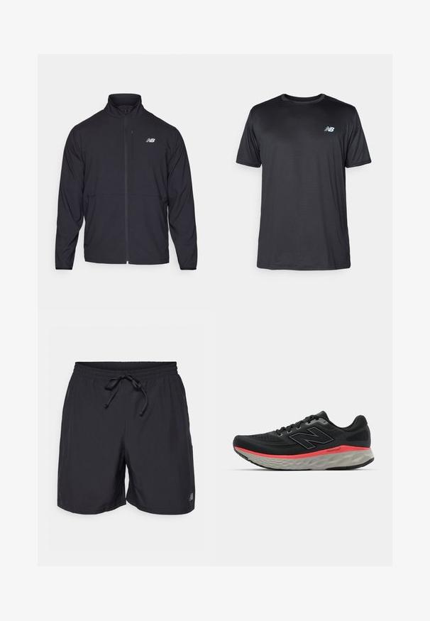 Giacca nera con zip e colletto alto, in tessuto leggero e maniche lunghe. Presenta un piccolo logo riflettente sul lato sinistro del petto.; New Balance T-Shirt sport - black; Pantaloni corti neri con vita elastica e cordino regolabile, con piccolo logo riflettente sulla gamba sinistra.; Scarpa da corsa nera con tomaia in mesh, accentuata da una striscia rosa nella suola intermedia e una suola grigia. Presenta dettagli testurizzati e un design della suola flessibile.