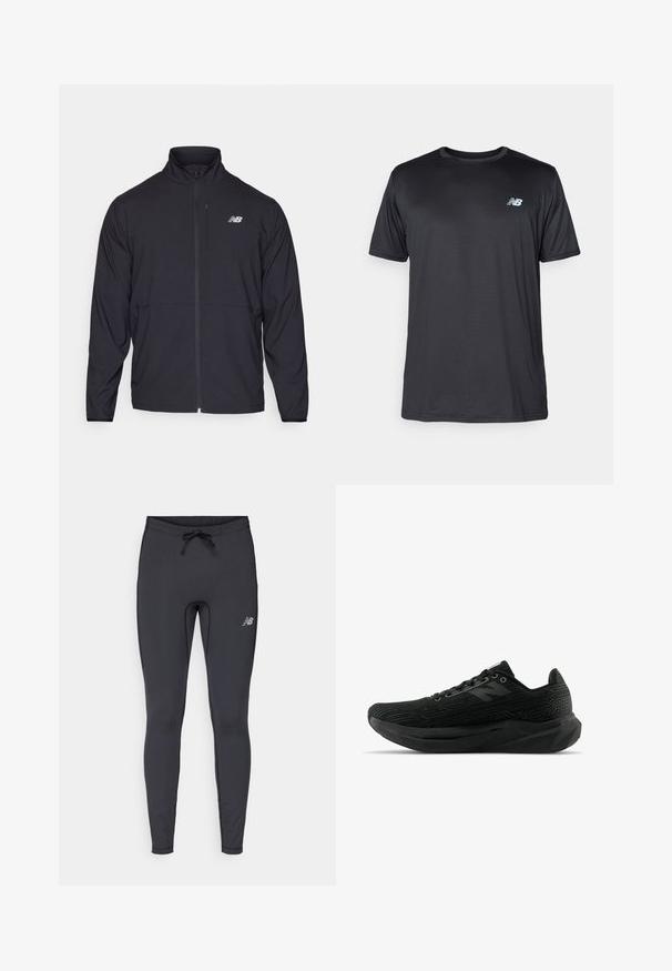 Mustmustaga mustal tõmbluku ja kõrge kaelusega, kerge kangaga ja pikkade varrukatega. Vasakul rinnal on väike peegeldav logo.; New Balance Spordi T-särk - black; Mustad mustredsportlikud legginsid, mis on valmistatud venivast kangast. Rihmaga vöökoht ja väike reflekteeriv logo paremal reie ees.; Mustan sportliku jalanõu tekstureeritud pealsega, millel on stiilne disain, paeltesulgemine ja paksem mustriline tald paremaks haardevõimeks.