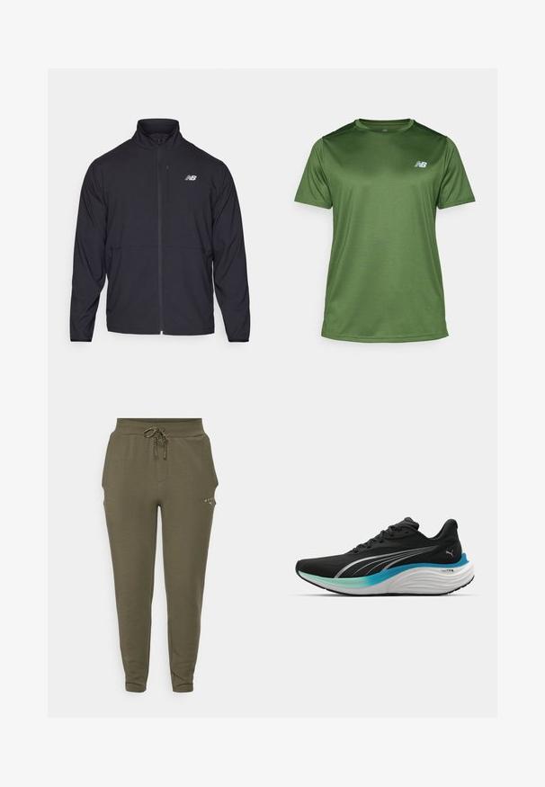 Casaco preto com fecho éclair, colarinho alto, tecido leve e mangas longas. Apresenta um pequeno logótipo refletor no lado esquerdo do peito.; New Balance T-shirt desportiva - dark alpine green; Calças de treino verde-oliva com cintura elástica e cordão ajustável, apresentando um corte slim e um logótipo discreto perto do bolso.; Sapatilha atlética preta com parte superior respirável, detalhes em prateado e uma entressola amortecida com um design em gradiente azul-esverdeado.