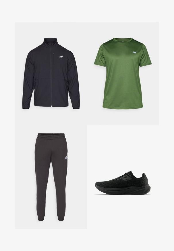 Čierna bunda na zips s vysokým golierom, z ľahkého materiálu a dlhými rukávmi. Obsahuje malé reflexné logo na ľavej hrudi.; New Balance Športové tričko - dark alpine green; Tmavošedé teplákové nohavice s elastickým pásom, zužujúce sa nohavice a malé biele logo Puma na ľavom stehne. Mäkký materiál z bavlnenej zmesi.; Čierne športové topánky s textúrovaným zvrškom, ktoré majú elegantný dizajn, šnurovanie a hrubšiu podrážku s dezénom pre lepšiu priľnavosť.
