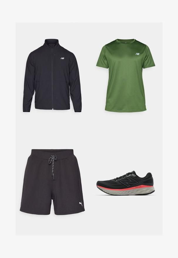 Casaco preto com fecho éclair, colarinho alto, tecido leve e mangas longas. Apresenta um pequeno logótipo refletor no lado esquerdo do peito.; New Balance T-shirt desportiva - dark alpine green; Calções desportivos pretos com cintura elástica e cordão ajustável. Apresenta um pequeno logótipo branco no lado inferior esquerdo. Tecido suave.; Sapatilha de corrida preta com parte superior de malha, acentuada por uma faixa rosa na entressola e sola cinza. Apresenta detalhes texturizados e um design de sola flexível.