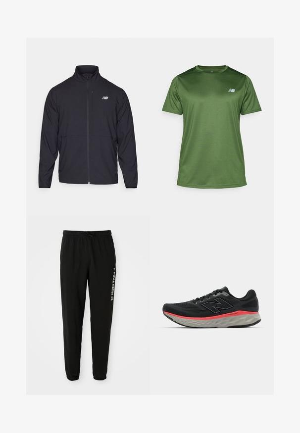 Fekete cipzáras dzseki magas gallérral, könnyű anyagból és hosszú ujjakkal. Kicsi, fényvisszaverő logo található a bal mellen.; New Balance Sportfelső - dark alpine green; Fekete, tapered szabású melegítőnadrág, rugalmas derékkal és szárakkal, fehér "PUMA CREW '48" felirat és logó a bal combon.; Fekete futócipő, hálós felsőrésszel, rózsaszín középtalppal és szürke talppal. Texturált részletekkel és rugalmas talp kialakítással rendelkezik.