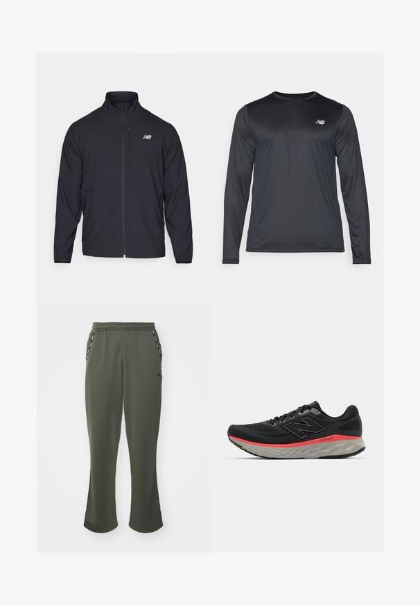 Black zip-up jacket with a high collar, lightweight fabric, and long sleeves. Features a small, reflective logo on the left chest.; Long-sleeve athletic shirt in black, made of smooth, lightweight fabric with a subtle texture. Features small logo on the upper left chest.; Olive green sweatpants with a relaxed fit, elastic waistband, side pockets, and contrasting black accents along the pockets. Soft fabric texture.; Black running shoe with mesh upper, accented by a pink midsole stripe and grey outsole. Features textured details and a flexible sole design.