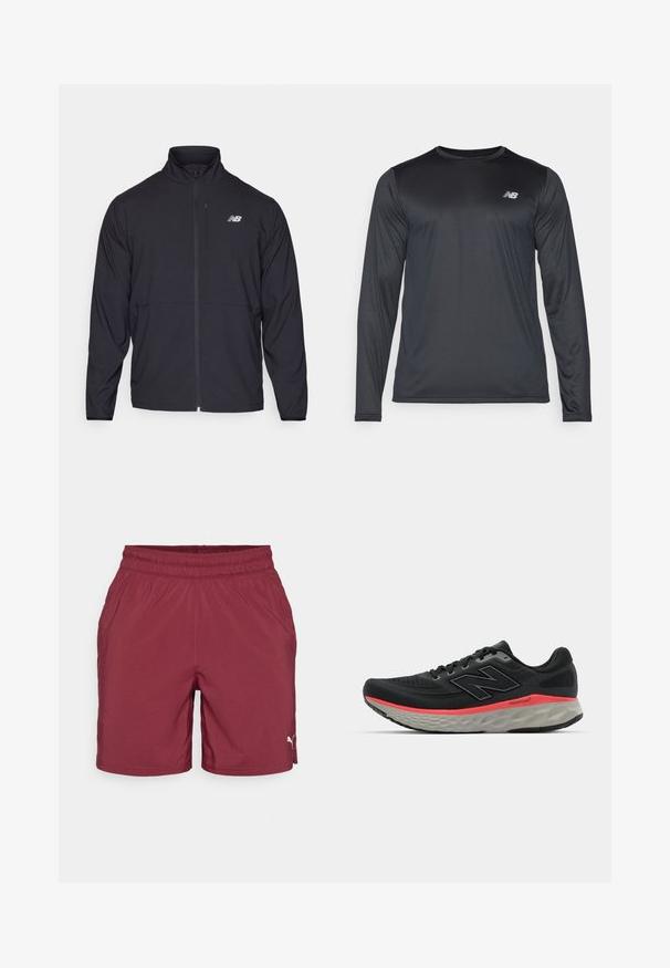 Black zip-up jacket with a high collar, lightweight fabric, and long sleeves. Features a small, reflective logo on the left chest.; Long-sleeve athletic shirt in black, made of smooth, lightweight fabric with a subtle texture. Features small logo on the upper left chest.; Burgundy athletic shorts with an elastic waistband, side pockets, and a small white logo on the lower right side. Smooth fabric texture.; Black running shoe with mesh upper, accented by a pink midsole stripe and grey outsole. Features textured details and a flexible sole design.