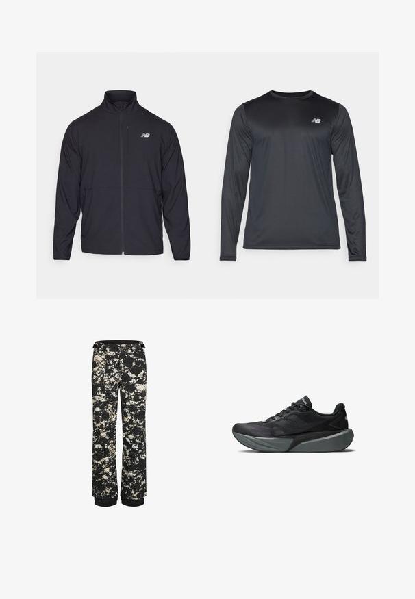 Czarna kurtka z suwakiem, z wysokim kołnierzem, wykonana z lekkiego materiału i z długimi rękawami. Posiada małe, odblaskowe logo na lewej piersi.; Koszulka sportowa z długim rękawem w kolorze czarnym, wykonana z gładkiego, lekkiego materiału o subtelnej teksturze. Posiada małe logo na lewym górnym brzegu klatki piersiowej.; Czarne wodoodporne spodnie śniegowe z plamami w kolorze kremowym i brązowym. Posiadają elastyczne mankiety i regulowany pas.; Czarny but sportowy z siateczkową cholewką i teksturowanymi detalami. Posiada grubą szaro-skalową podeszwę środkową i opływowy kształt. Kontrastowe logo z boku.