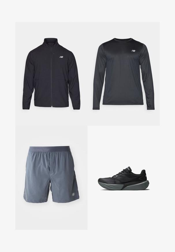 Zwarte zip-up jack met een hoge kraag, lichtgewicht stof en lange mouwen. Heeft een klein, reflecterend logo op de linker borst.; Langzaam mouw atletisch shirt in zwart, gemaakt van soepele, lichte stof met een subtiele textuur. Voorzien van een klein logo op de bovenste linkerborst.; Mannen sportshorts in donkergrijs, gemaakt van lichtgewicht materiaal. Voorzien van een elastische tailleband en een klein logo op het onderbeen.; Zwarte sportschoen met een bovenwerk van mesh en textuur overlays. Heeft een dikke grijze tussenzool en een gestroomlijnd ontwerp. Contrasterend logo op de zijkant.